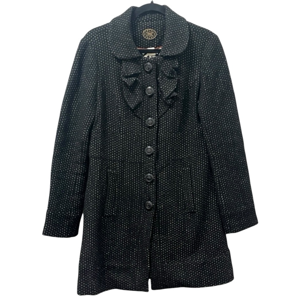 Anthropologie Idra Wool Coat Black White Polka Dot Ruffle Collar Swing 6
